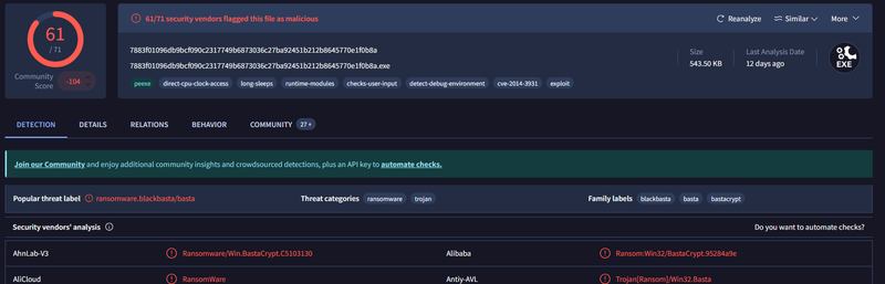 VirusTotal - BlackBasta confirmation
