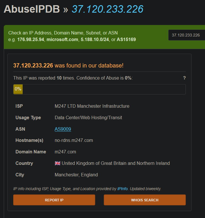 AbuseIPDB report for C2 IP