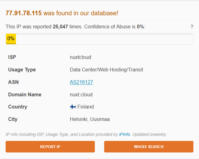 AbuseIPDB report for 77.91.78.115