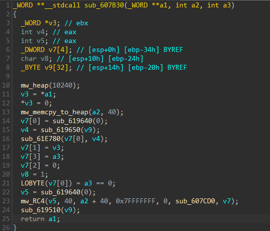 Function calling mw_RC4 with key length 40